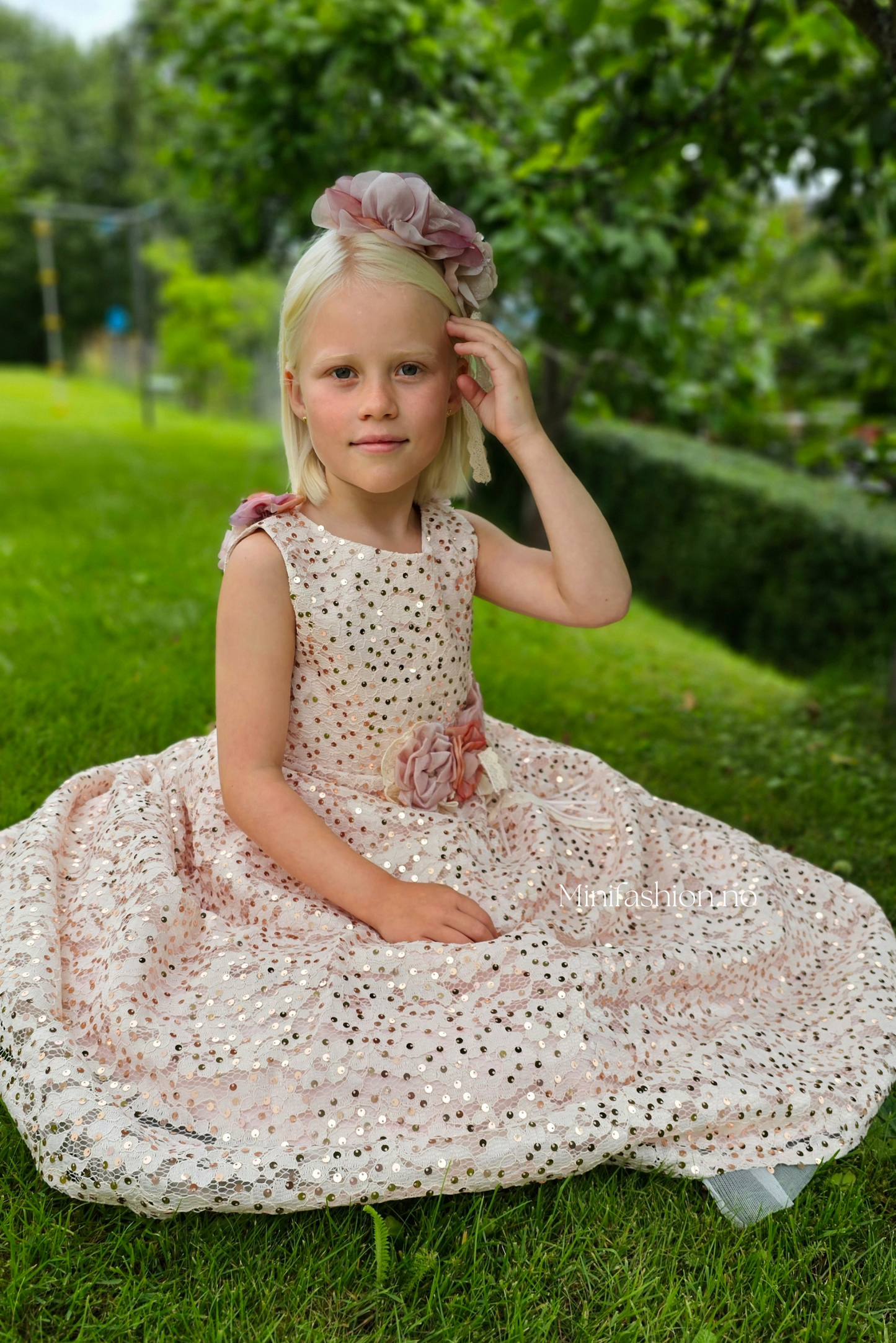 Minifashion, festkjole til barn, spesieldesignet paliett-belagt, rosa/mørkeblå