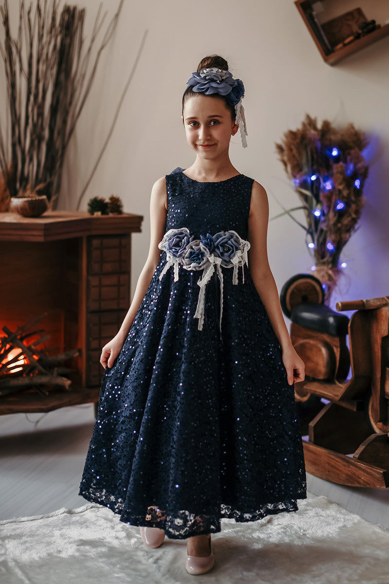Minifashion, festkjole til barn, spesieldesignet paliett-belagt, rosa/mørkeblå
