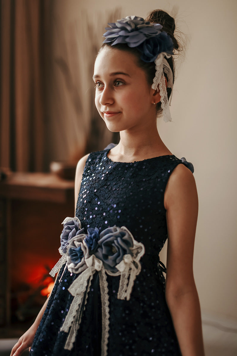 Minifashion, festkjole til barn, spesieldesignet paliett-belagt, rosa/mørkeblå