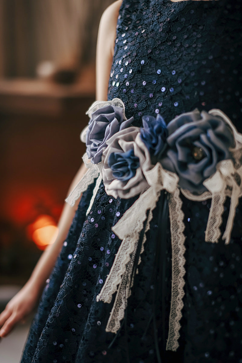Minifashion, festkjole til barn, spesieldesignet paliett-belagt, rosa/mørkeblå