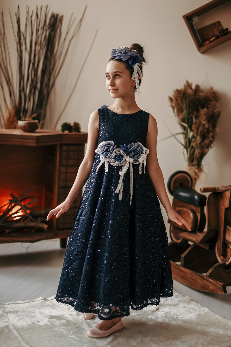 Minifashion, festkjole til barn, spesieldesignet paliett-belagt, rosa/mørkeblå
