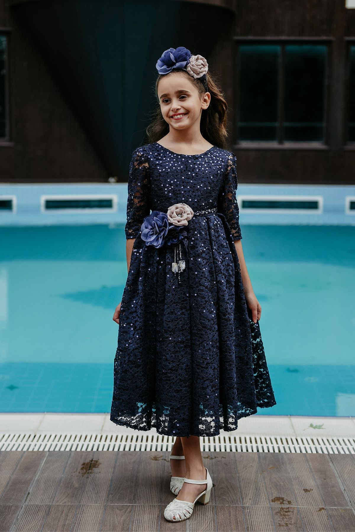Minifashion, Festkjole til barn, blonderkjole med paljetter, mørkeblå