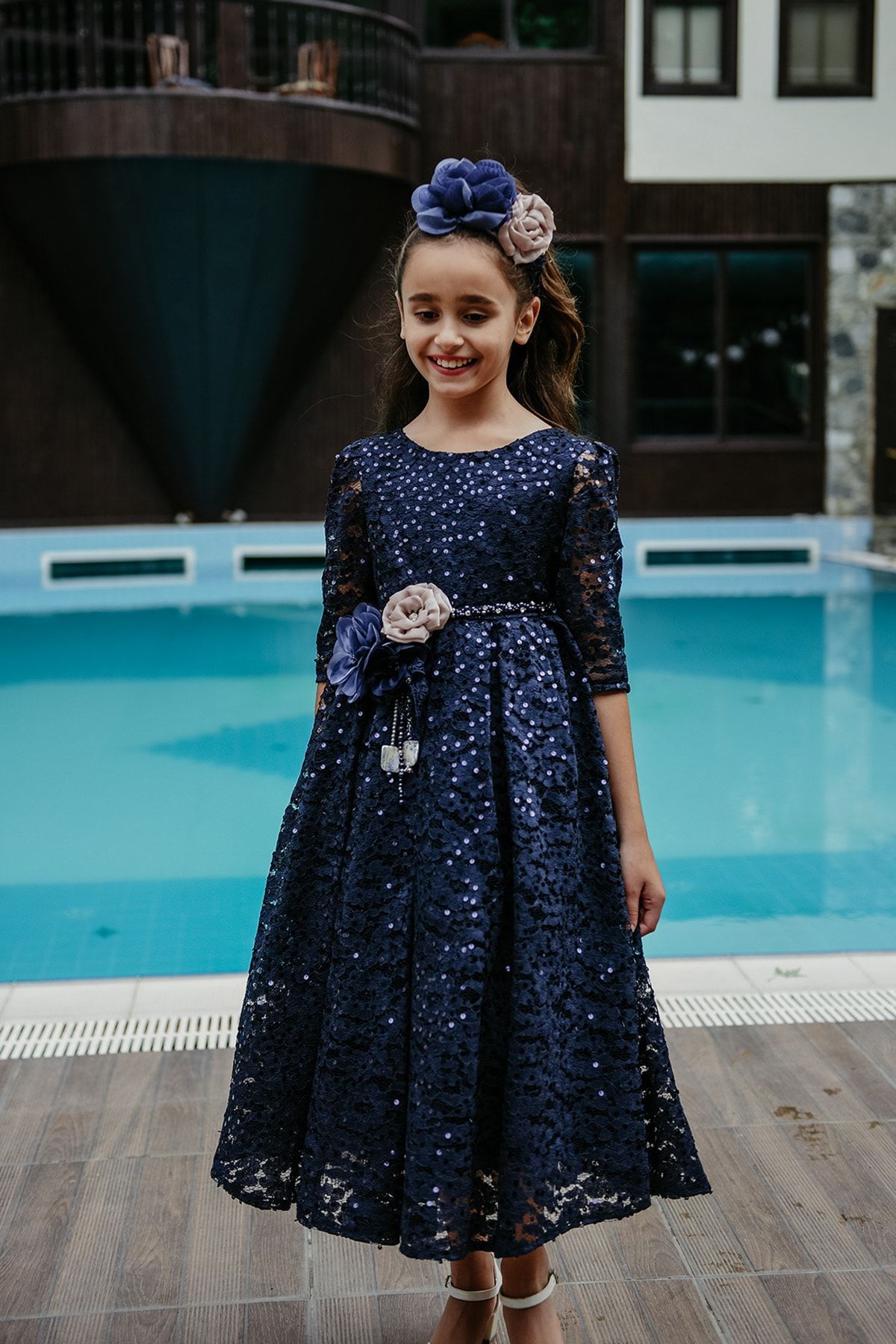 Minifashion, Festkjole til barn, blonderkjole med paljetter, mørkeblå