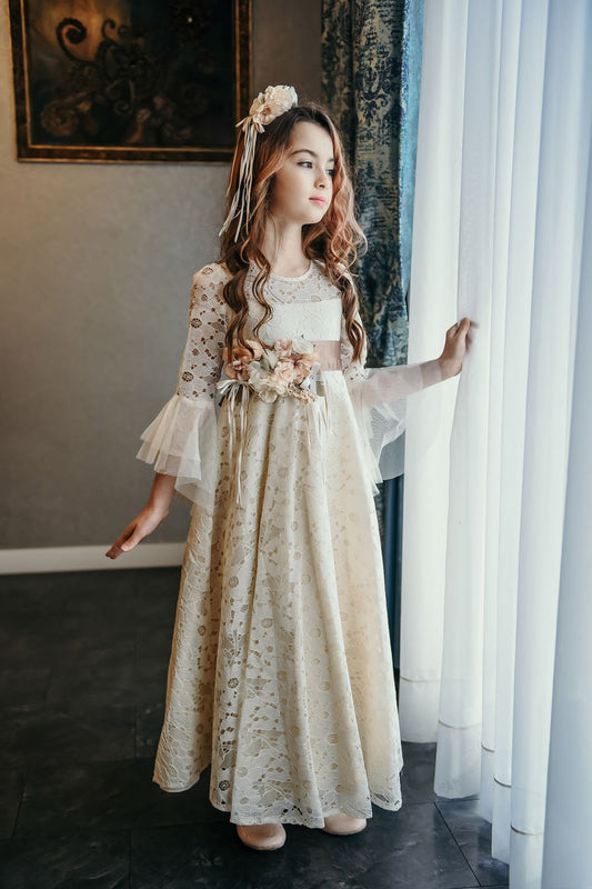 Minifashion, Festkjole til barn, beige, klassisk blonderkjole