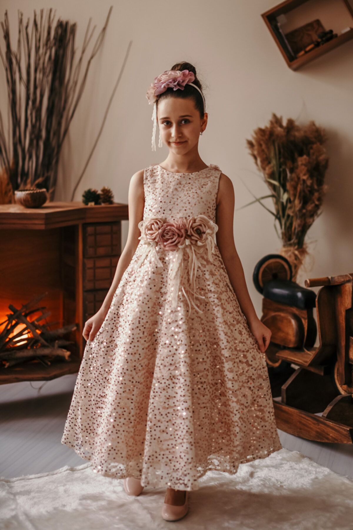 Minifashion, festkjole til barn, spesieldesignet paliett-belagt, rosa/mørkeblå