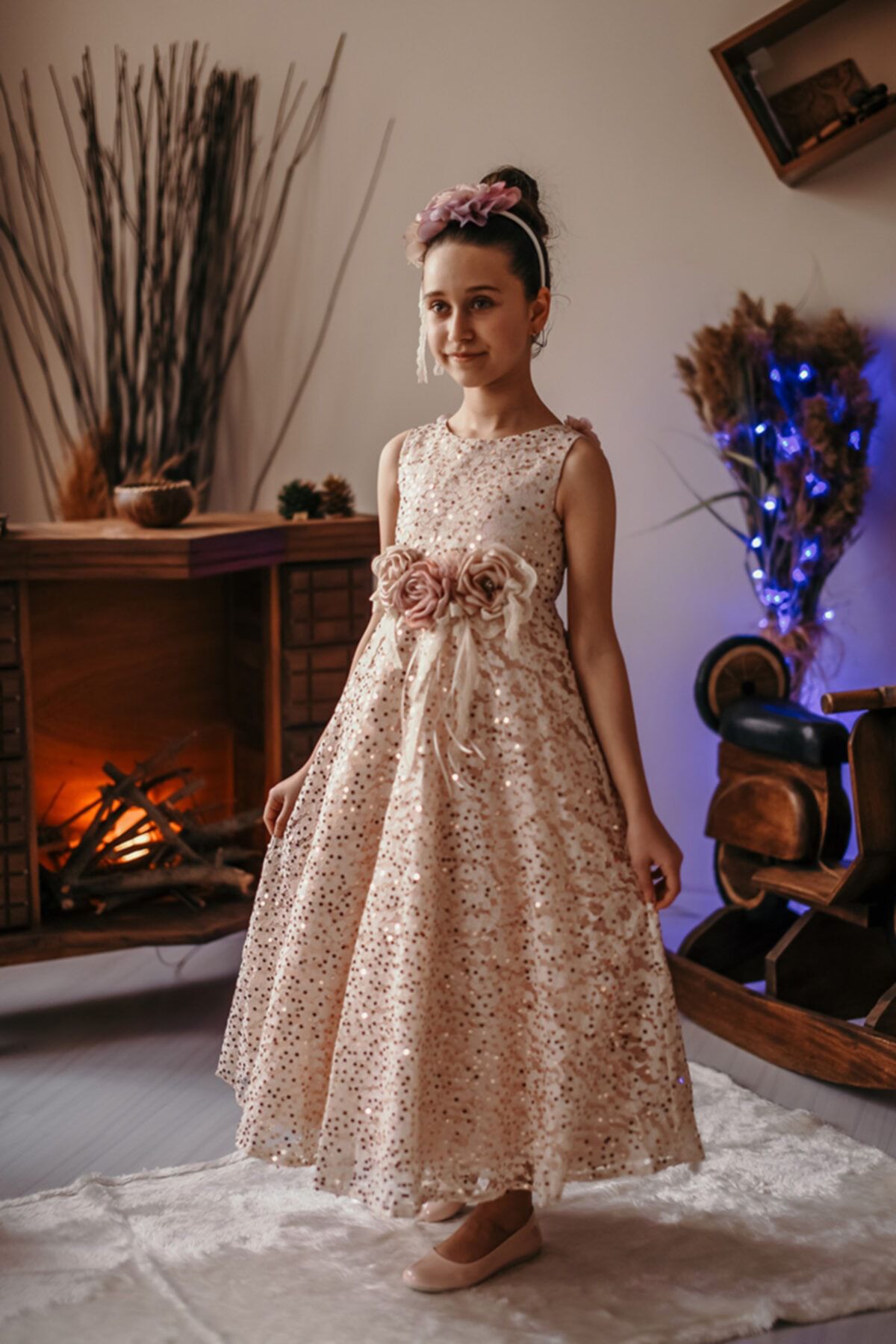Minifashion, festkjole til barn, spesieldesignet paliett-belagt, rosa/mørkeblå