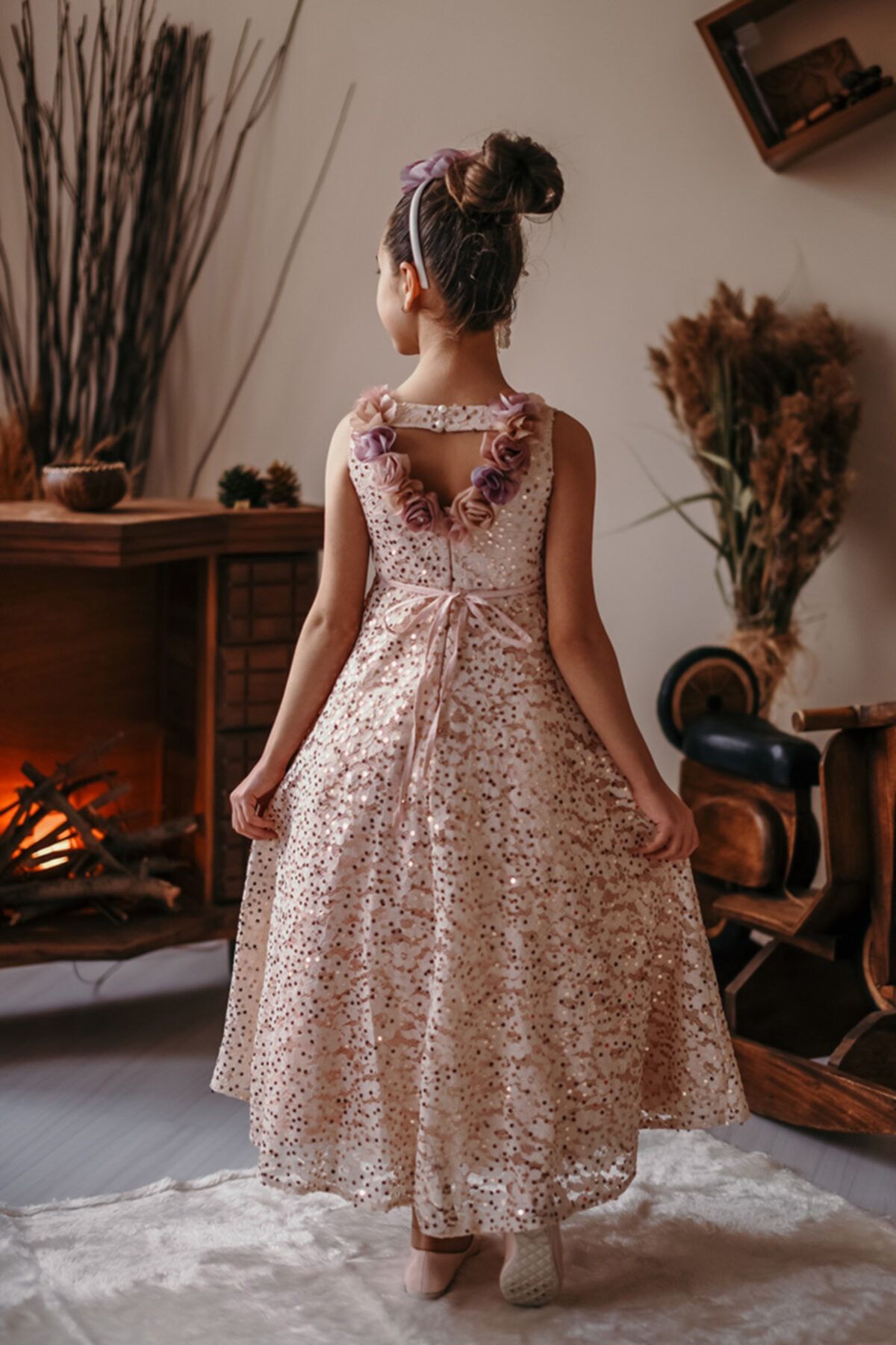Minifashion, festkjole til barn, spesieldesignet paliett-belagt, rosa/mørkeblå