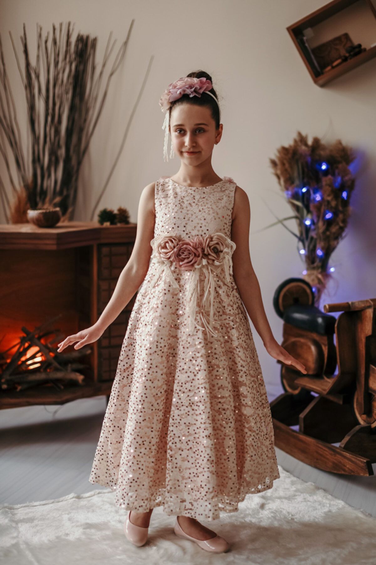 Minifashion, festkjole til barn, spesieldesignet paliett-belagt, rosa/mørkeblå
