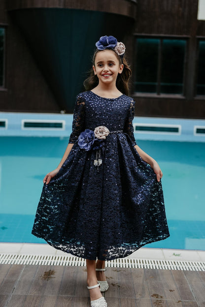 Minifashion, Festkjole til barn, blonderkjole med paljetter, mørkeblå