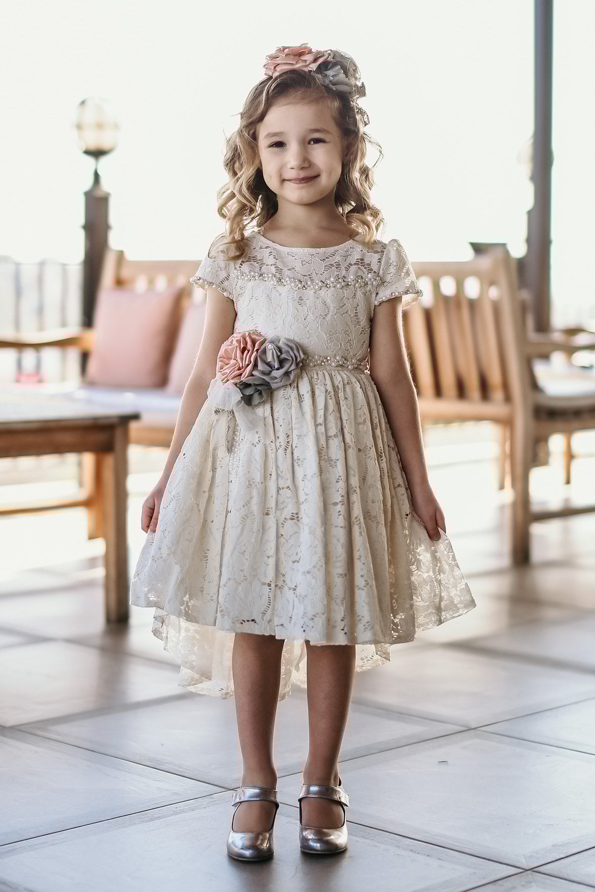 Minifashion, Festkjole til barn, korteermer, blonderkjole, beige