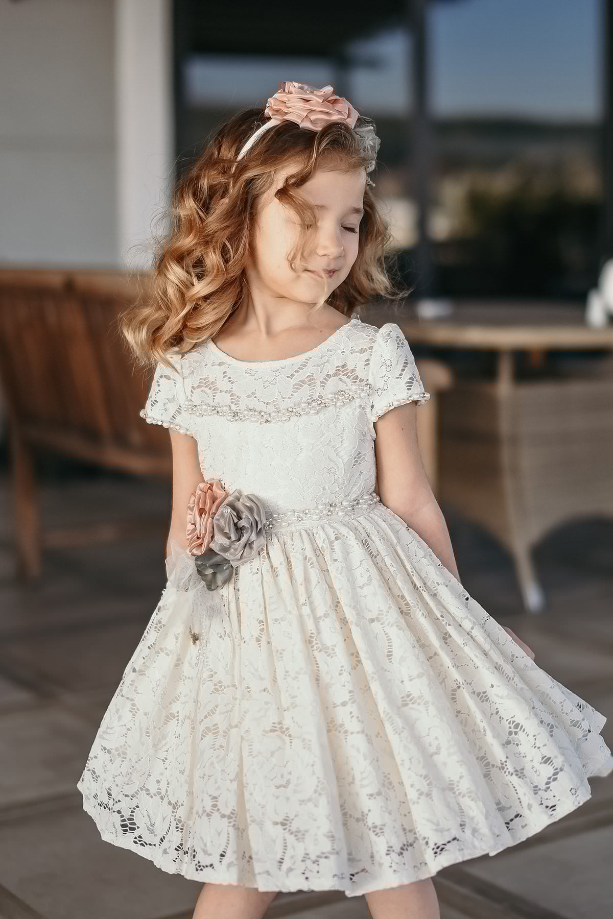 Minifashion, Festkjole til barn, korteermer, blonderkjole, beige