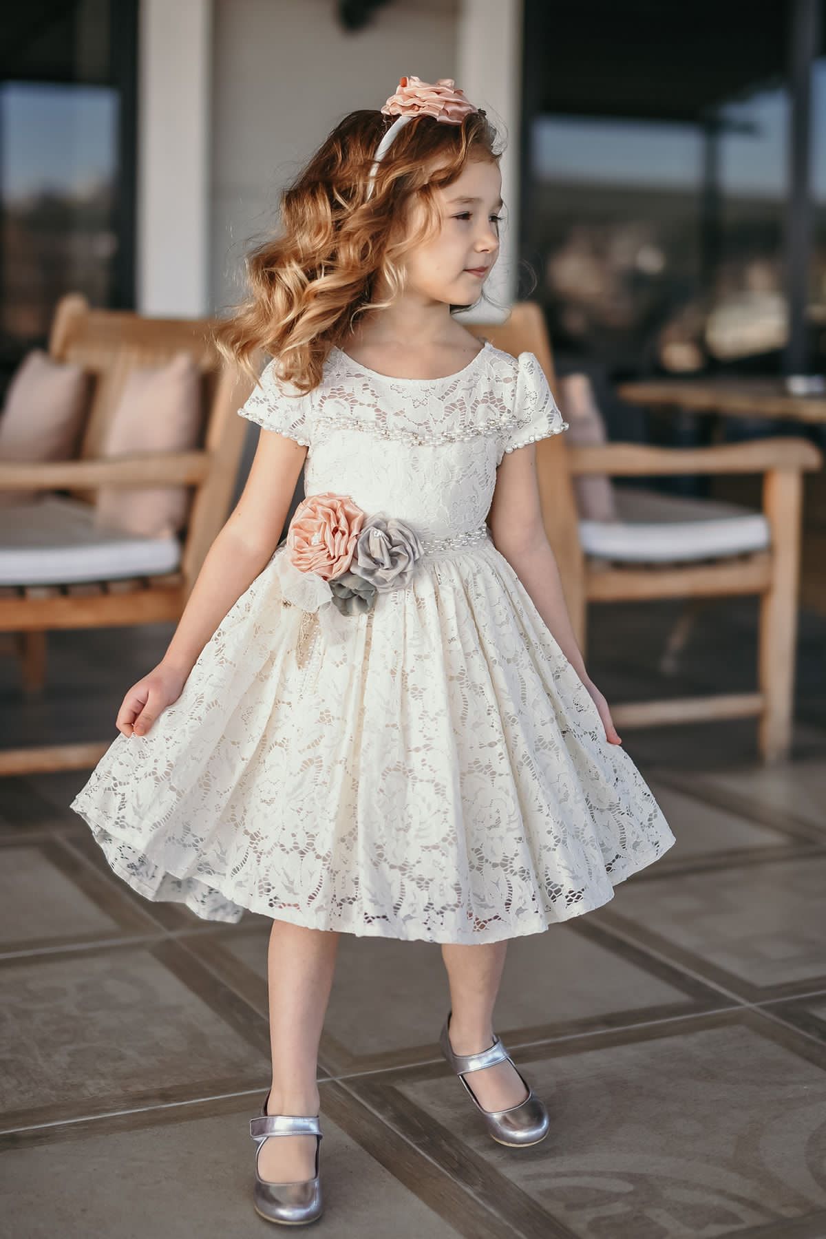 Minifashion, Festkjole til barn, korteermer, blonderkjole, beige