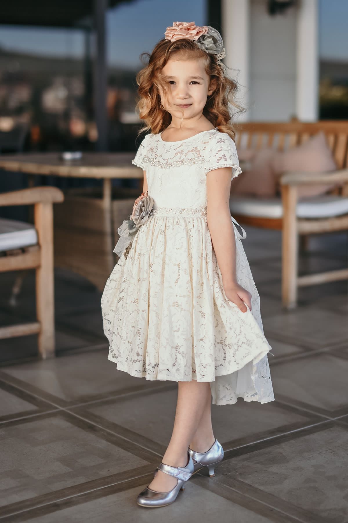 Minifashion, Festkjole til barn, korteermer, blonderkjole, beige